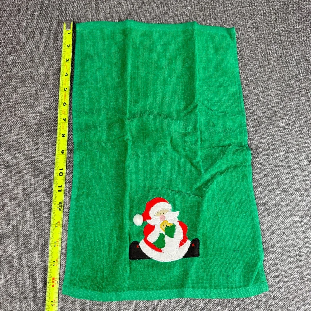 Cecil Saydah Christmas Towel Set 3pc Green Santa Applique Ramie Cotton Excellent